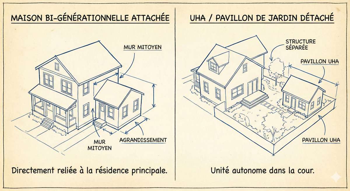 Schéma montrant la différence entre une maison bi-génération attachée et un pavillon de jardin détaché