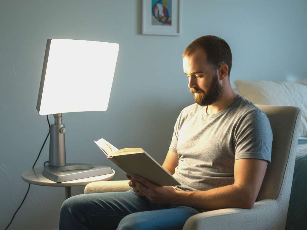 A man sitting by a bright 10,000 lux light box on a desk with a warm beverage.