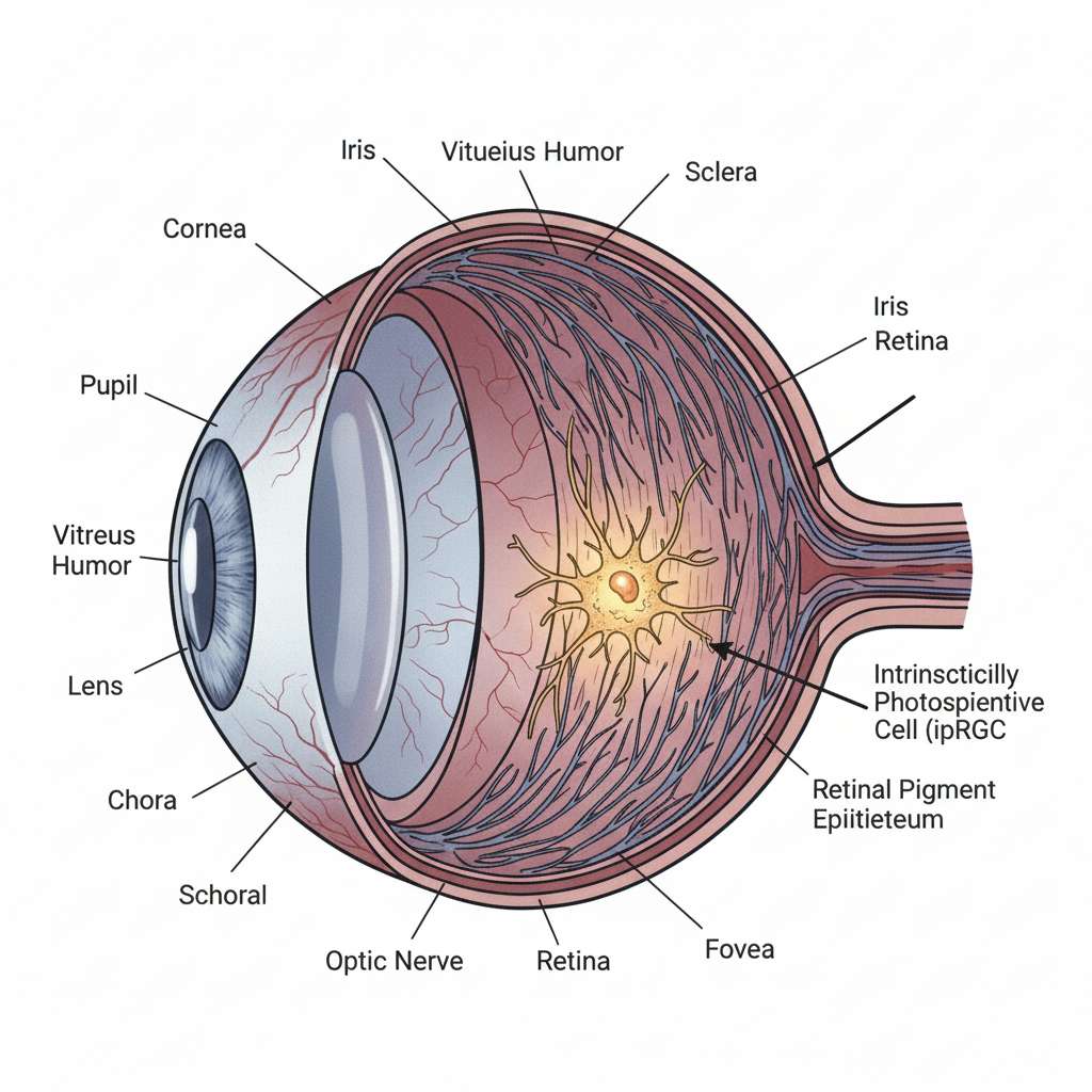 A cross-section illustration of a human eye with a highlighted intrinsically photosensitive retinal ganglion cell