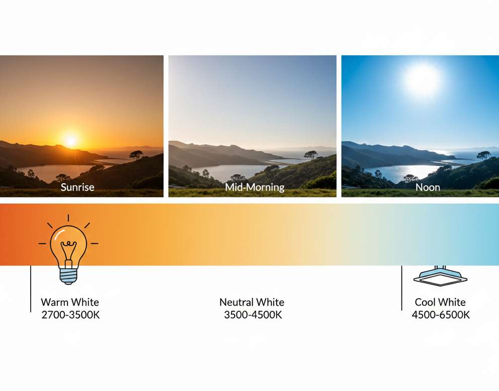 A comparison chart of light bulb color temperatures from 2,700K to 6,500K (warm white to cool daylight).