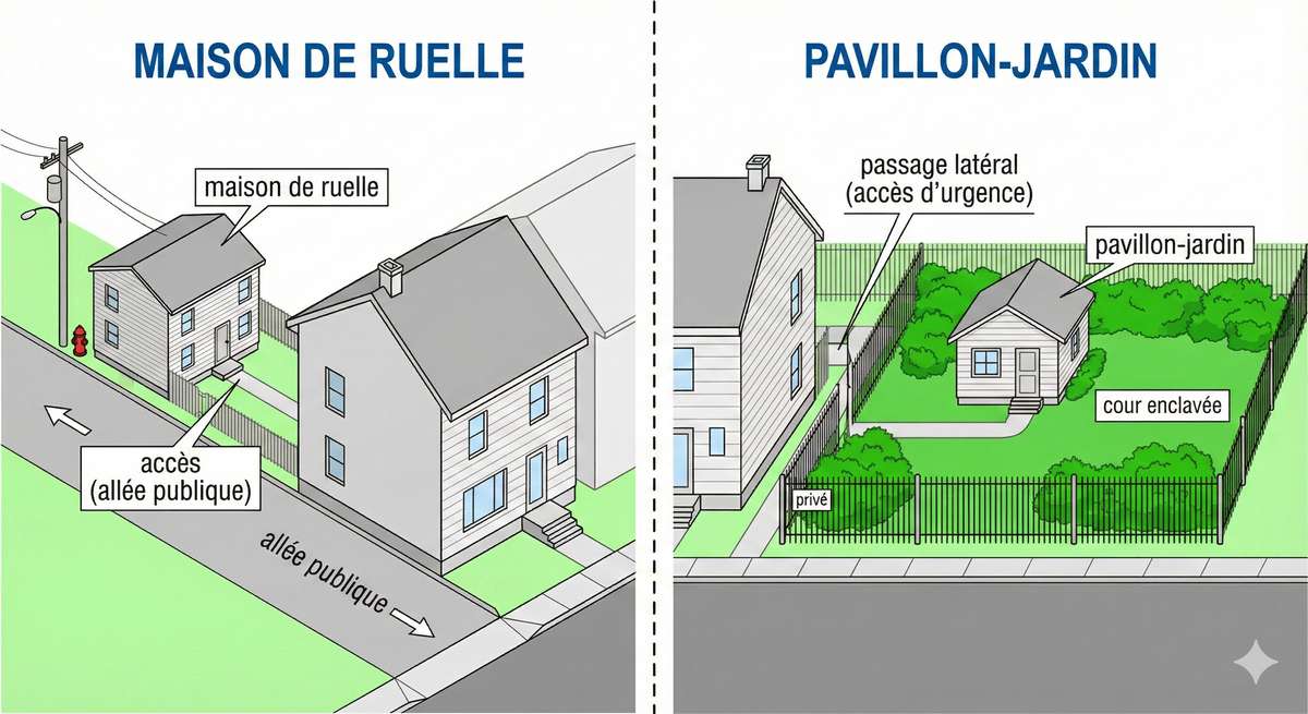 Schéma comparant une maison de ruelle donnant sur une allée vs un pavillon de jardin dans une cour arrière