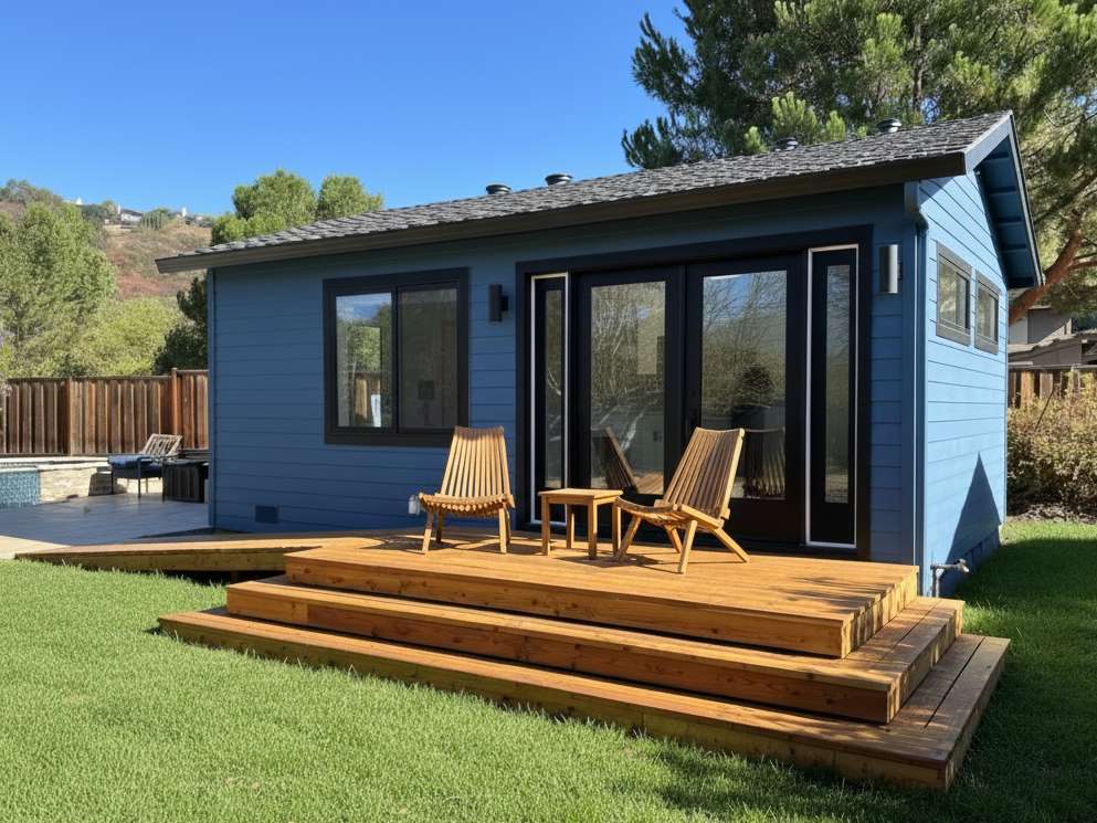 UHA détachée moderne avec revêtement en bois dans une cour arrière