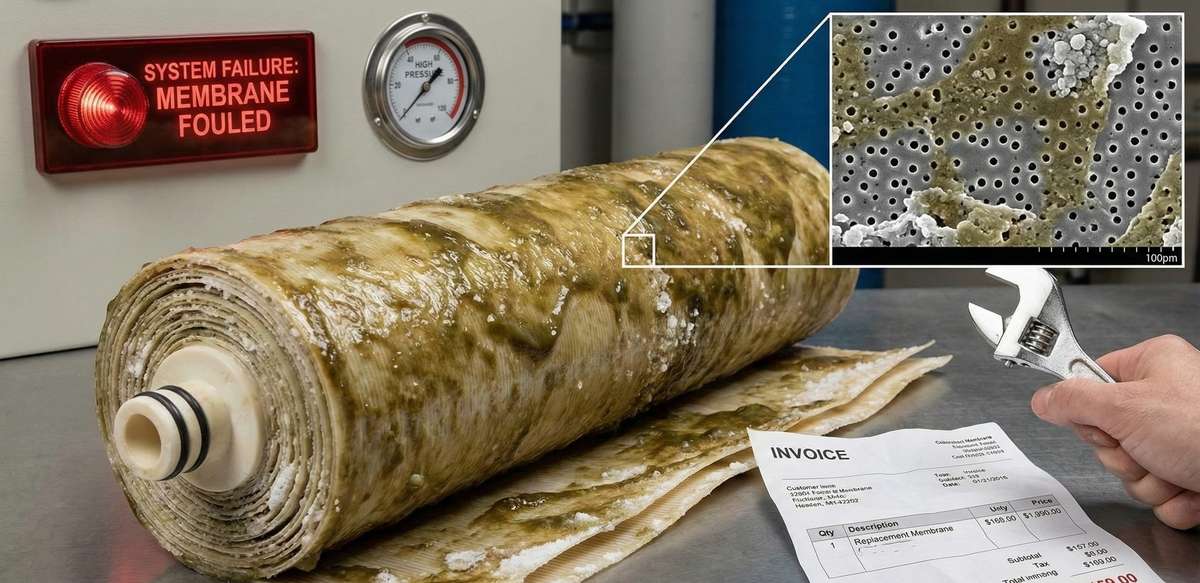 A fouled RO membrane showing salt scaling and biological growth