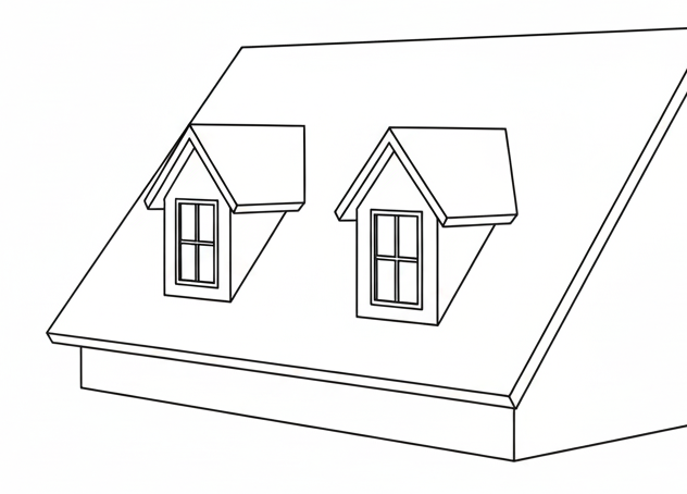 Line drawing of a gable roof with dormers