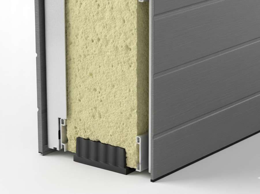 Cross section of a triple-layer insulated garage door showing polyurethane core