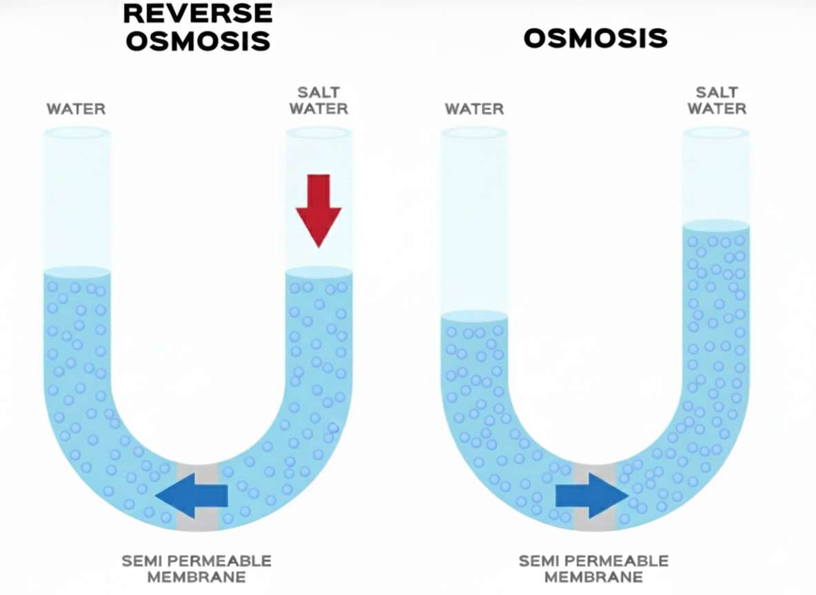 Diagram showing a reverse osmosis membrane separating pure water from concentrated contaminants.