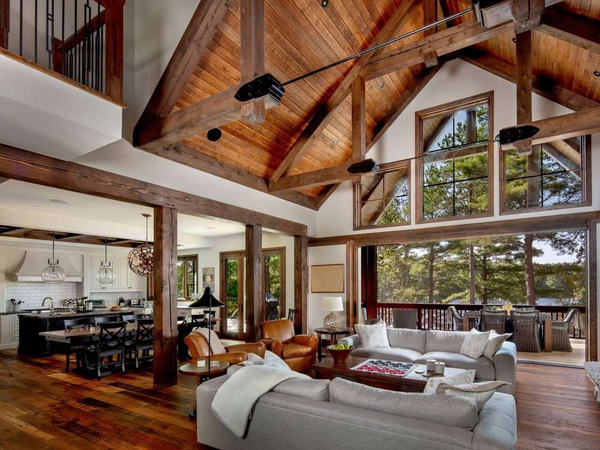 Open concept timber frame passively heated home.