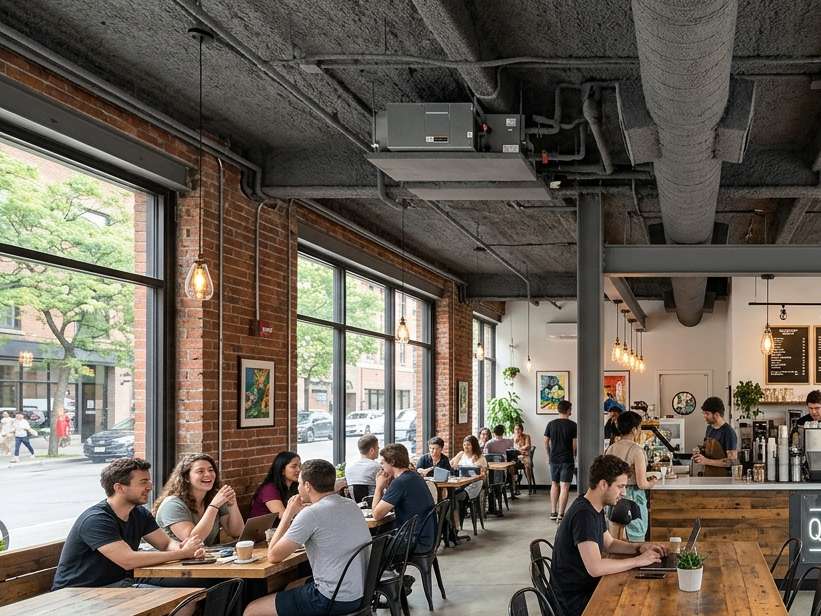 Spray cellulose on a coffee shop ceiling for sound absorption
