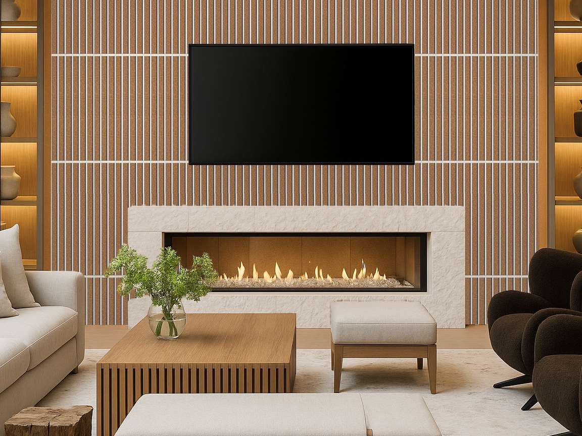 Cork panels on living room walls for acoustic wellness in homes