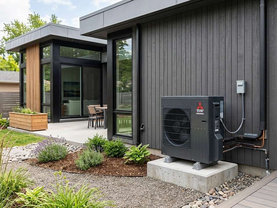 Exterior heat pump compressor on a modern home