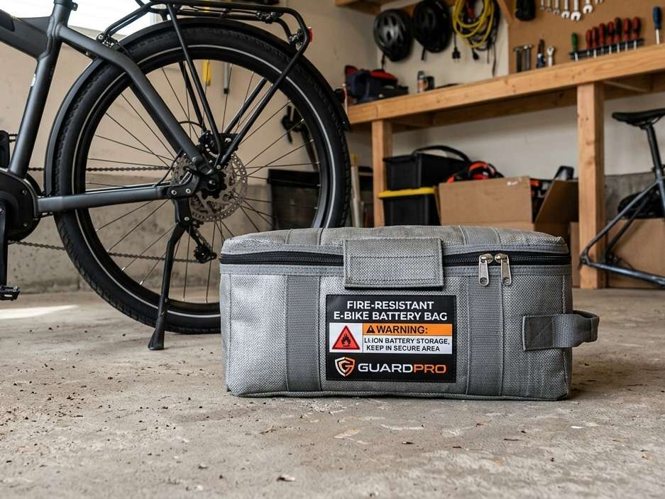 An e-bike battery being stored in a specialized fire-resistant bag.