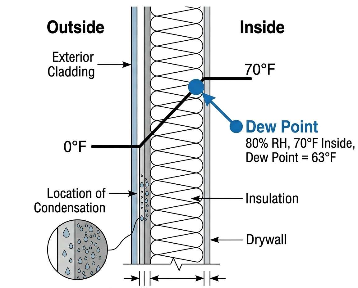 Building science diagram showing the dew point and condensing surface in a wall assembly.