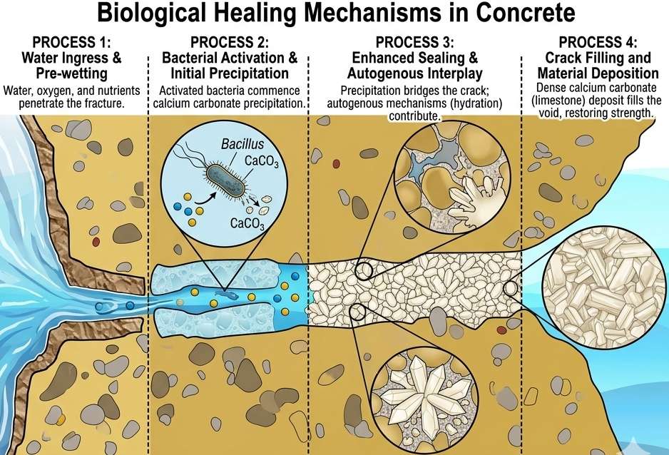 The biological process of self healing concrete 