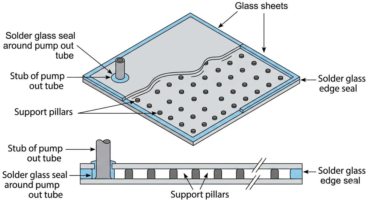 Cross section of vacuum insulated glass showing pillars and vacuum gap