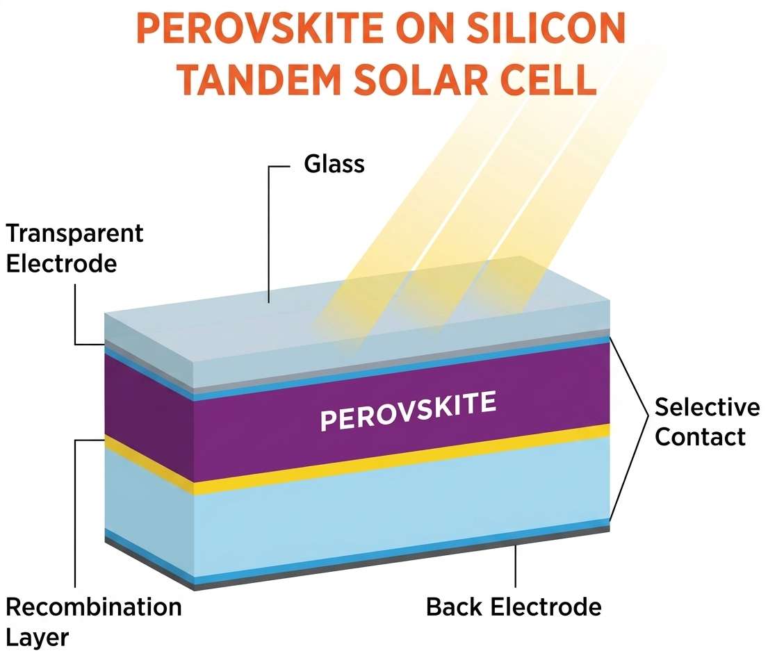 Diagram showing the layered stack of a perovskite on silicon tandem solar cell.