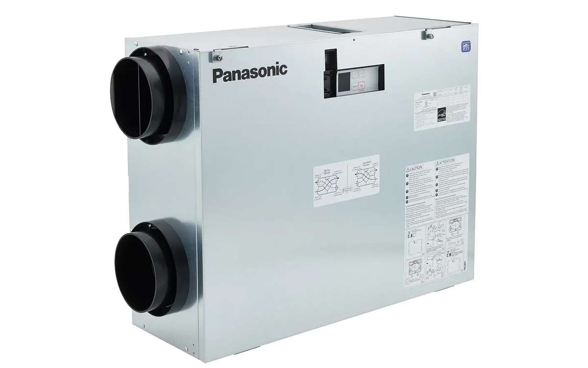 A compact gray Panasonic Intelli-Balance ventilation unit with dual duct adaptors