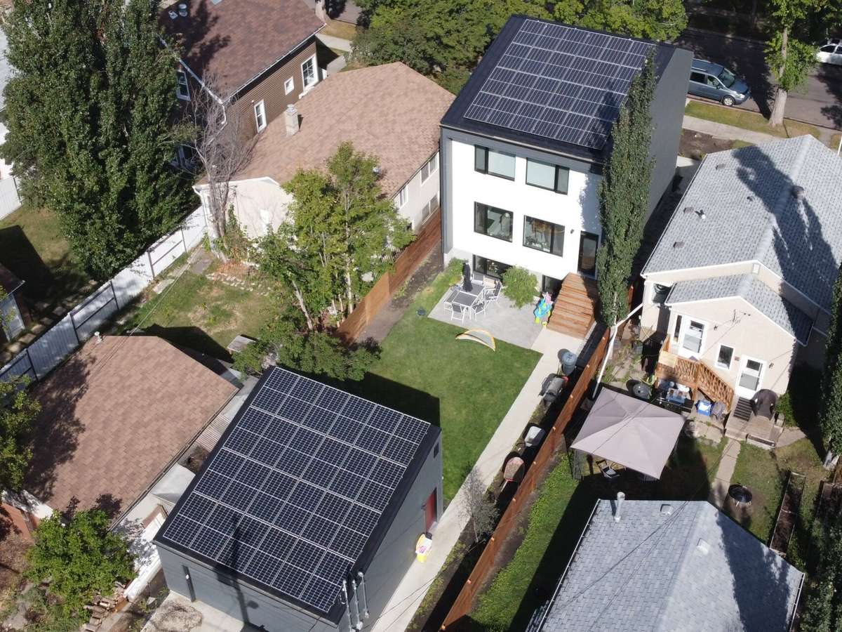 Home rooftop solar array  on house and garage