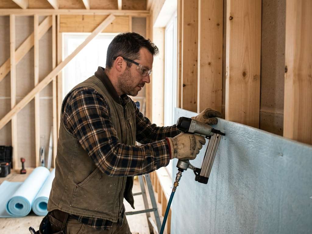 A contractor staples a flexible polymer phase change material mat to open timber wall studs before drywalling
